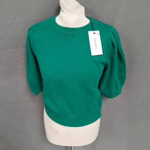 CEFFIN PUFF SLEEVE CREW NECK KNIT TOP IN MID GREEN SIZE XS
