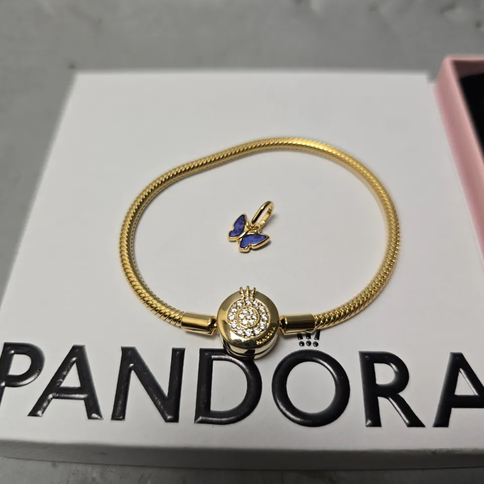 SET OF 3 PANDORA ITEMS TO INCLUDE - MOMENTS SPARKLING CROWN O SNAKE CHAIN BRACELET , ROLO CHAIN NECKLACE , BLUE BUTTERFLY MINI DANGLE CHARM 763825C01