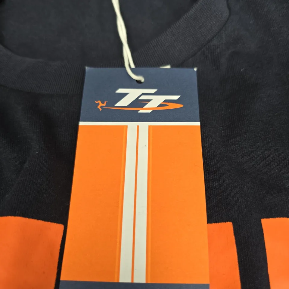 ISLE OF MAN TT OFFICIAL MERCHANDISE T-SHIRT – NAVY WITH ORANGE GRAPHIC
