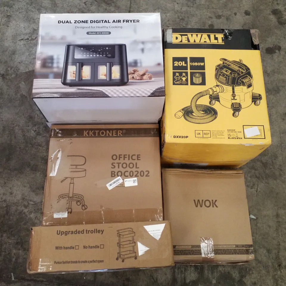 PALLET OF ASSORTED PRODUCTS INCLUDING DUAL ZONE DIGITAL AIR FRYER, OFFICE STOOL, WOK, STORAGE TROLLEY, DEWALT SHOP VAC