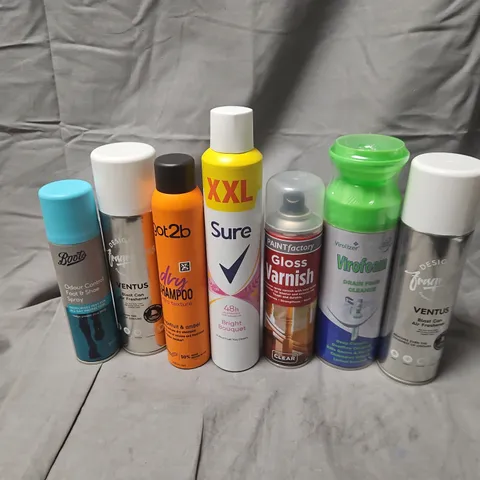 APPROXIMATELY 15 ASSORTED AEROSOLS TO INCLUDE VENTUS AIR FRESHENER, VIROFOAM, GLOSS VARNISH , ETC - COLLECTION ONLY