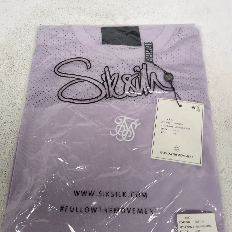 SIKSILK MESH PANELLED DRESS – LILAC, UK 10 (AW21)