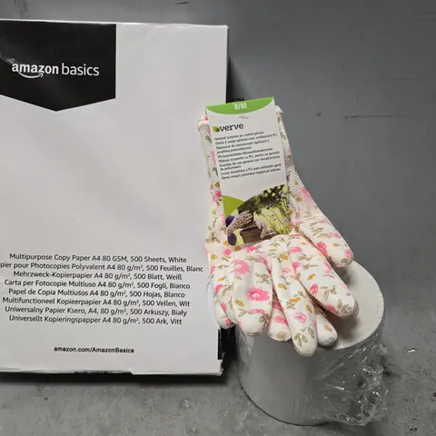 APPROXIMATELY 12 ASSORTED ITEMS TO INCLUDE - PREMIUM THERMAL LABLE , VERVE GLOVES , AMAZON BASICS COPY PAPER ETC