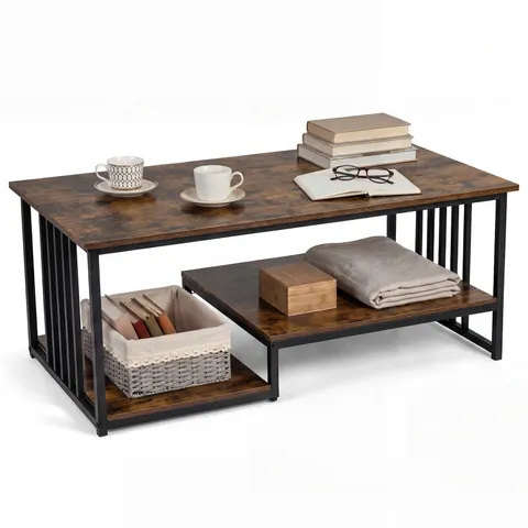 BOXED COFFEE TABLE RECTANGULAR CENTER TABLE WITH 2 STORAGE SHELVES AND HEAVY-DUTY METAL FRAME-RUSTIC BROWN (1 BOX)