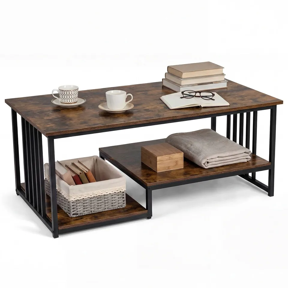 BOXED COFFEE TABLE RECTANGULAR CENTER TABLE WITH 2 STORAGE SHELVES AND HEAVY-DUTY METAL FRAME-RUSTIC BROWN (1 BOX)