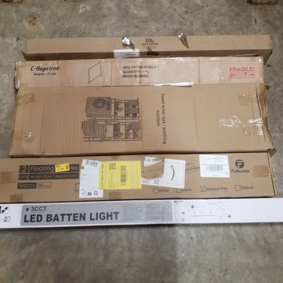 PALLET CONTAINING ASSORTED PRODUCTS INCLUDING LED BATTEN LIGHT, FLOATING SHELVES, TOWEL TOILET RACK, ROOM DIVIDER & CURTAIN ROD