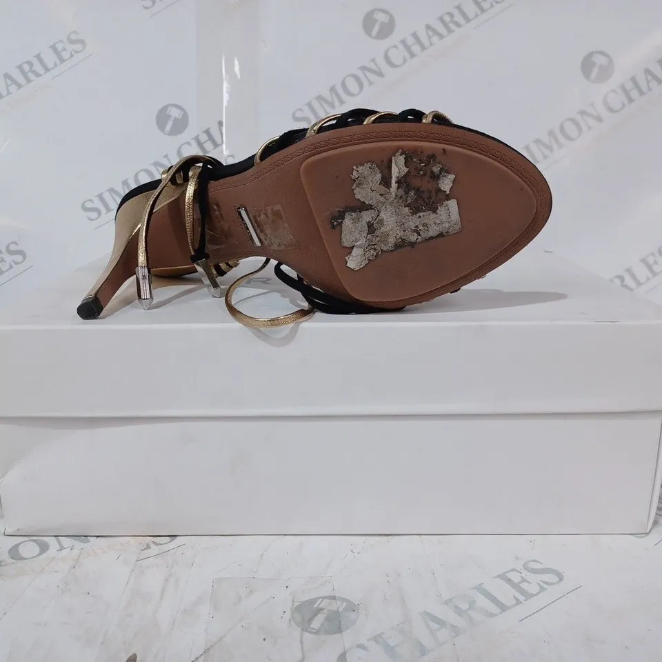 BOXED PAIR OF REISS CASSIDY STRAPPY HEELS IN BLACK/GOLD UK SIZE 4