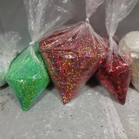 BOX OF APPROXIMATELY 8 ASSORTED GLITTER BAGS INCLUDE - GREEN - RED HEARTS - IRIDESCENT SQUARES - ETC - COLLECTION ONLY