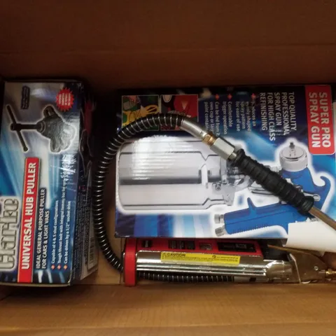 BOX CONTAINING 3 SCRAP ITEMS INCLUDING SUPER PRO SPRAY GUN, UNIVERSAL HUB PULLER & LINEAR TYRE INFLATOR