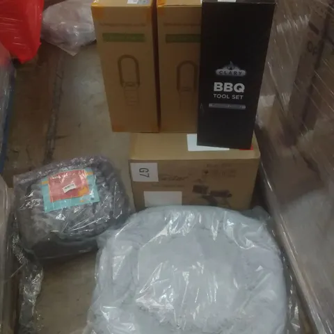 PALLET OF ASSORTED ITEMS INCLUDING DOGS BEDS, AIR MULTIPLIER TOWER FAN, 3 PIECE DRUM SET, BBQ TOOL SET