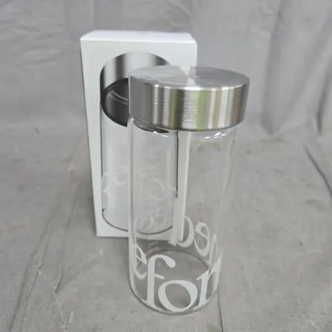 REFORMED GLASS BEVERAGE BOTTLE WITH STAINLESS STEEL LID