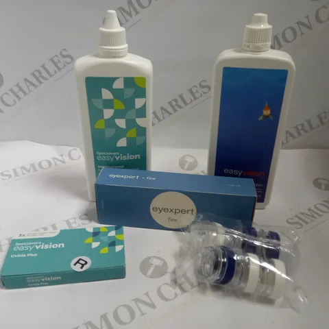 BOX OF APPROX 15 ASSORTED ITEMS INCLUDING EASYVISION LENSES, EYEXPERT DISPOSABLE LENSES AND EASYVISION MULTIPURPOSE FLUID