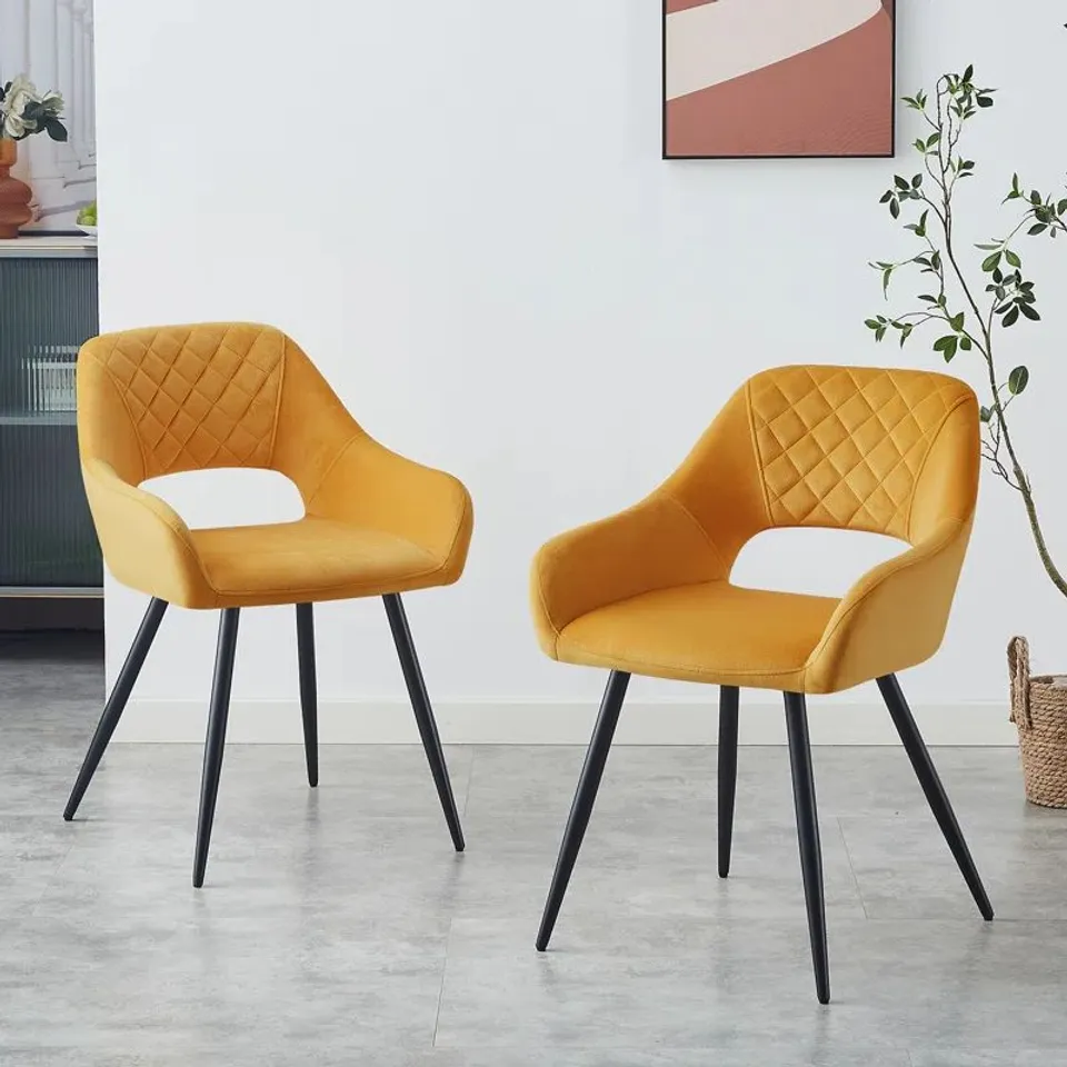BOXED PAIR OF DEJEAN UPHOLSTERED VELVET ARM DINING CHAIRS - YELLOW 