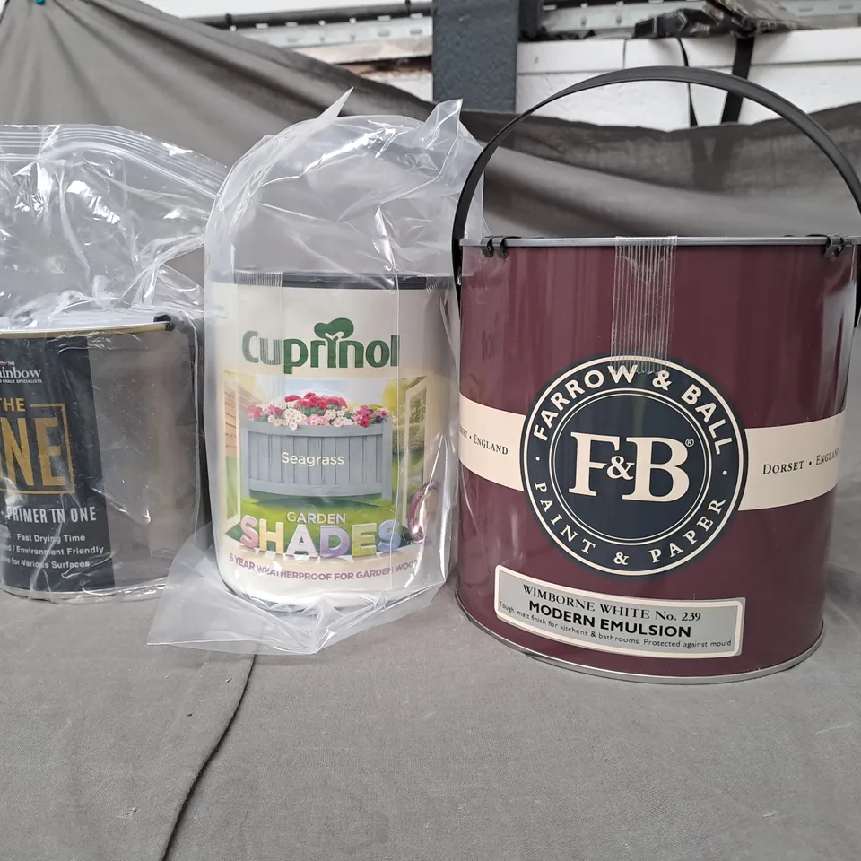 LOT OF 5 PAINT PRODUCTS TO INCLUDE FARROW & BALL, CUPRINOL AND THE RAINBOW