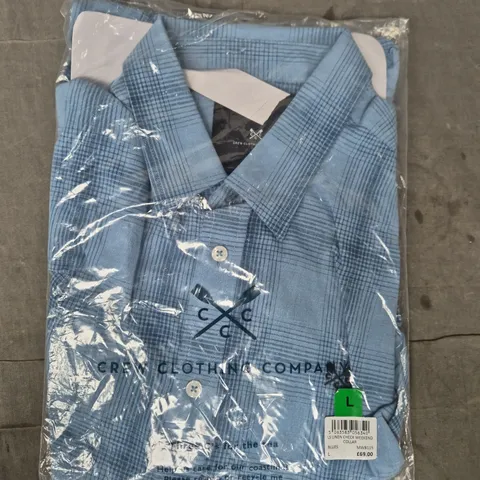CREW CLOTHING COMPANY LINEN CHECK SHIRT – LIGHT BLUE, LONG SLEEVE, WEEKEND COLLAR, UK L
