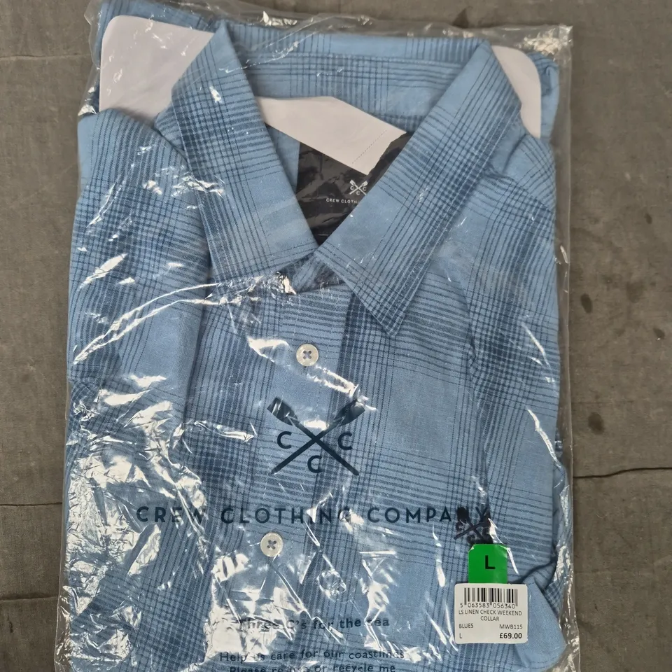 CREW CLOTHING COMPANY LINEN CHECK SHIRT – LIGHT BLUE, LONG SLEEVE, WEEKEND COLLAR, UK L