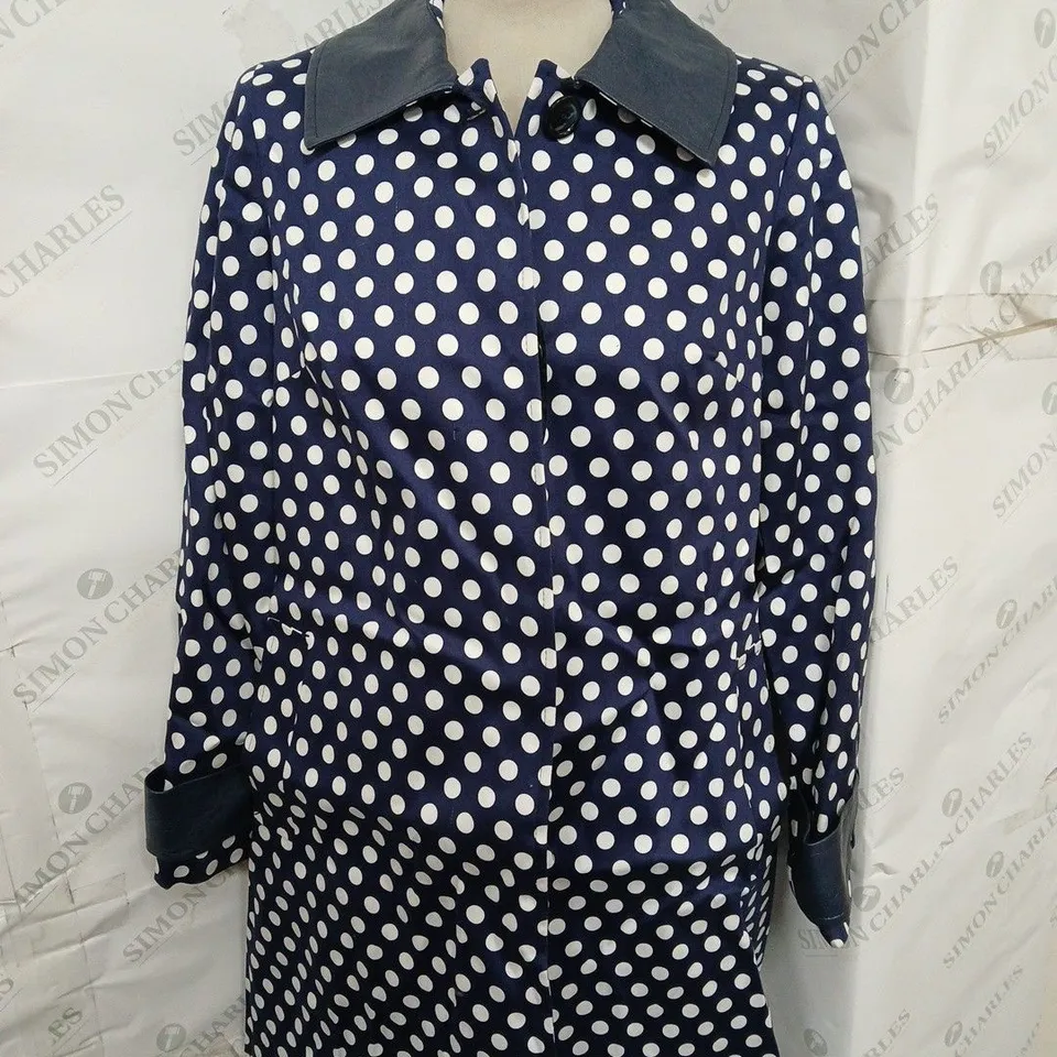 HELENE BERMAN POLKA DOT MAC JACKET IN NAVY SPOT SIZE 12