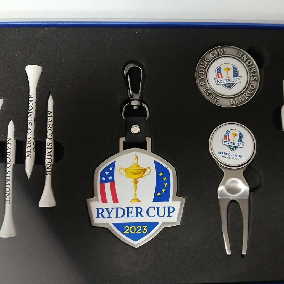 BOXED RYDER CUP BRASSWARE, BAG TAG, TEE & PENCIL GIFT BOX