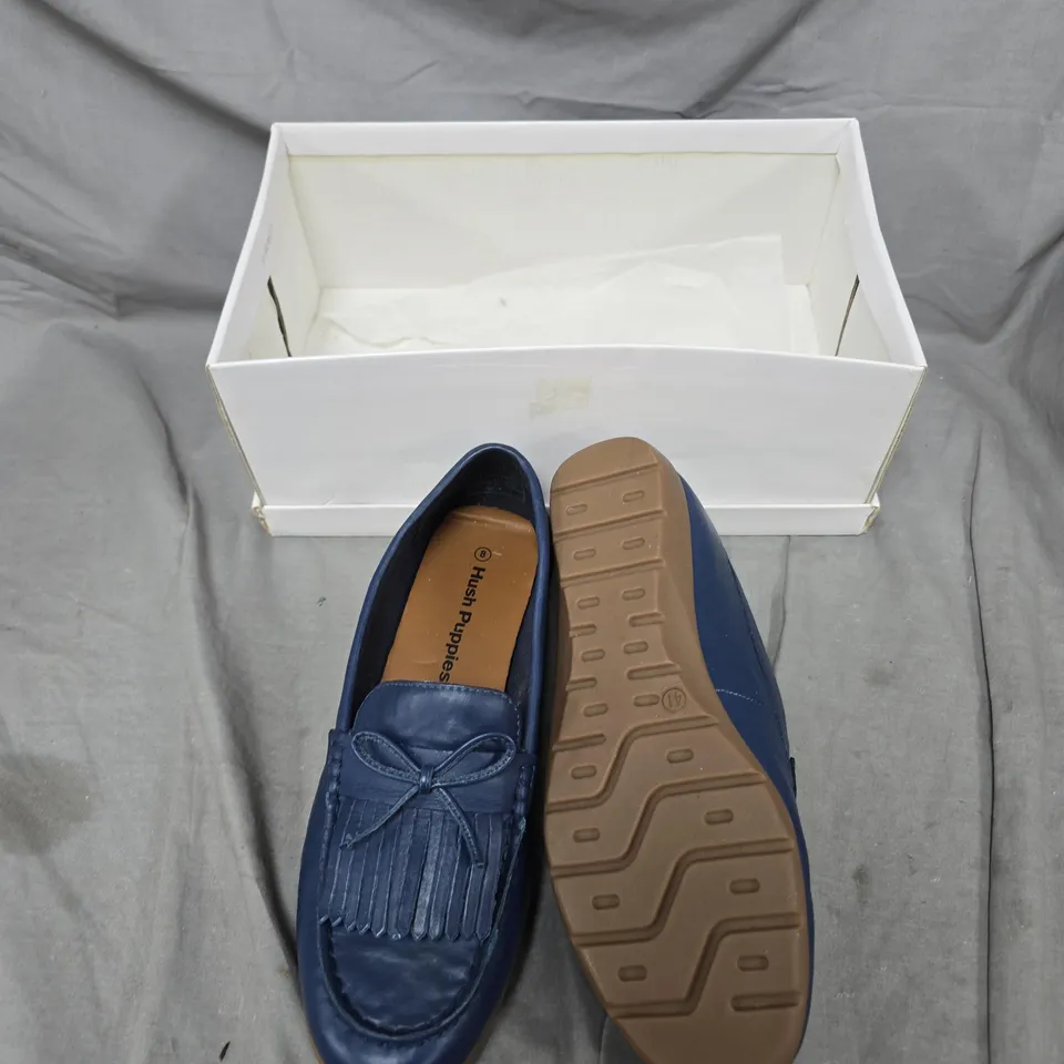 HUSH PUPPIES BLUE LEATHER LOAFER WITH FRINGE TASSEL – BOXED  - SIZE UK 8 