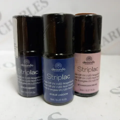 BOX OF APPROX 50 X 8ML ASSORTED ALESSANDRO STRIPLAC PEEL-OFF UV LED NAIL POLISH #58 BLACKBERRY, #60 BLUE LAGOON, 87 HAWAIIAN DREAM	