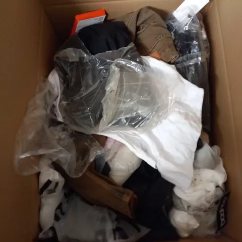 BOX OF ASSORTED CLOTHING ITEMS TOO INCLUDE DRESSES , SHIRTS AND TROUSERS IN VARIOUS SIZES AND COLOURS