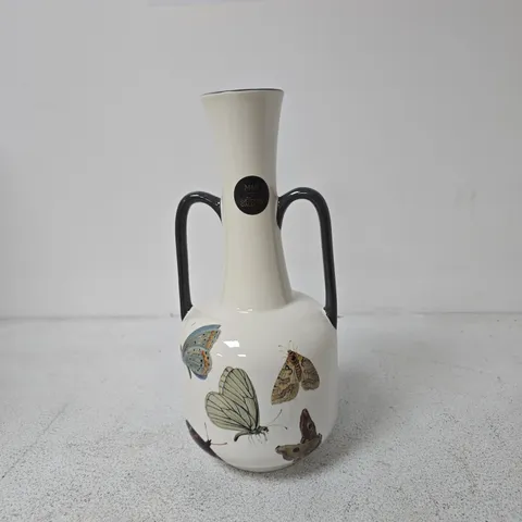 M&S THE NATIONAL GALLERY VASE WITH BUTTERFLY MOTIF – CREAM GLAZE, BLACK TWIN HANDLES