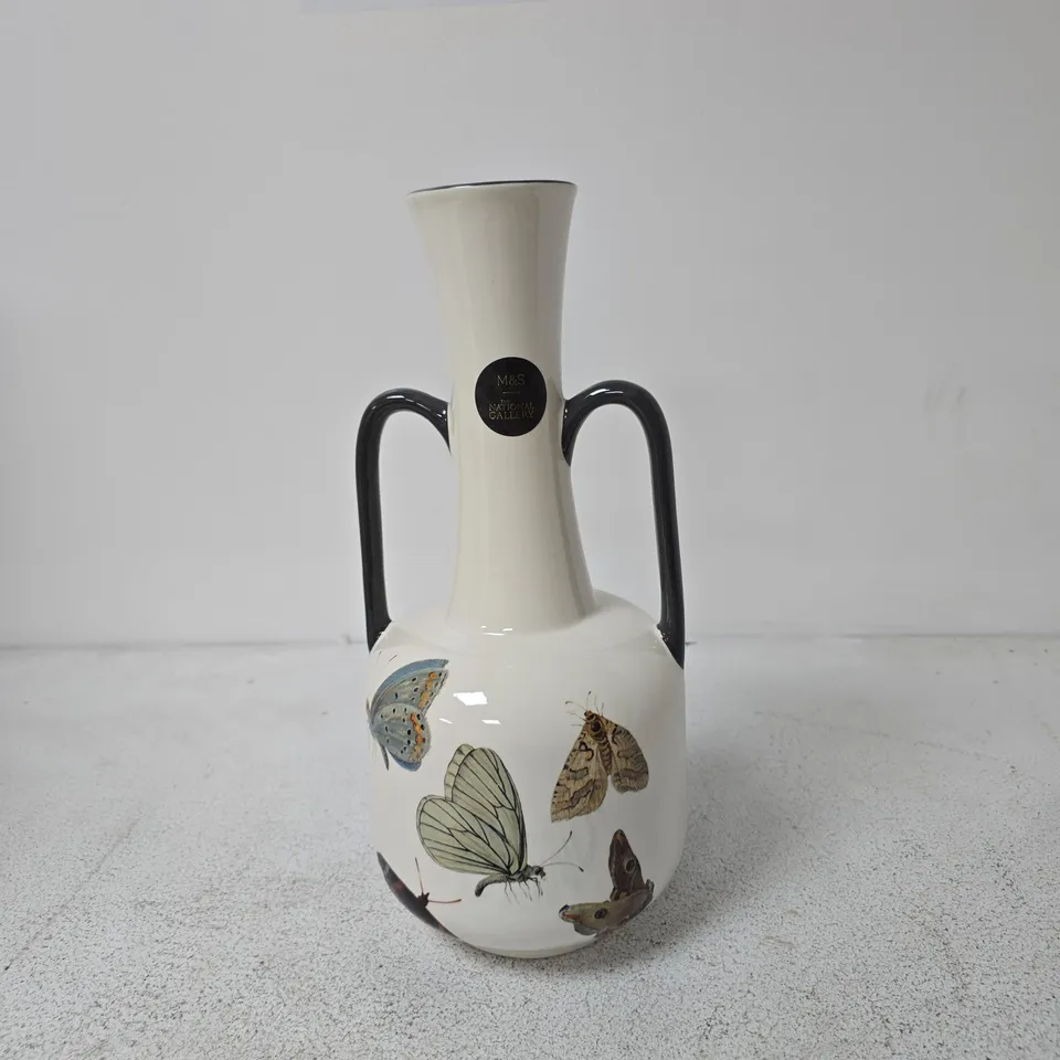 M&S THE NATIONAL GALLERY VASE WITH BUTTERFLY MOTIF – CREAM GLAZE, BLACK TWIN HANDLES