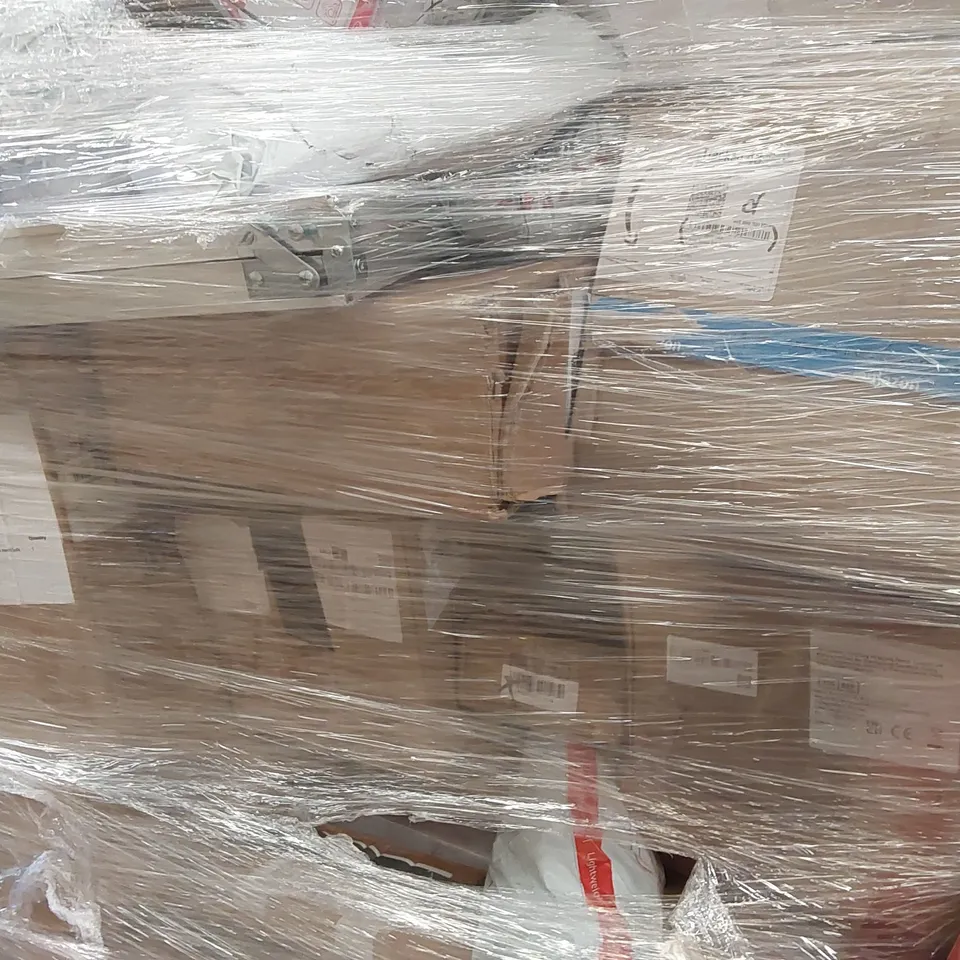 PALLET CONTAINING VARIOUS ASSORTED BOXED ITEMS INCLUDING, WINDOW REGULATOR, IGNITION SWITCH, EXPANDABLE HOSES,BRAKE PADS, FOLDING TABLE AND LOTS MORE UNMARKED BOXED ITEMS 