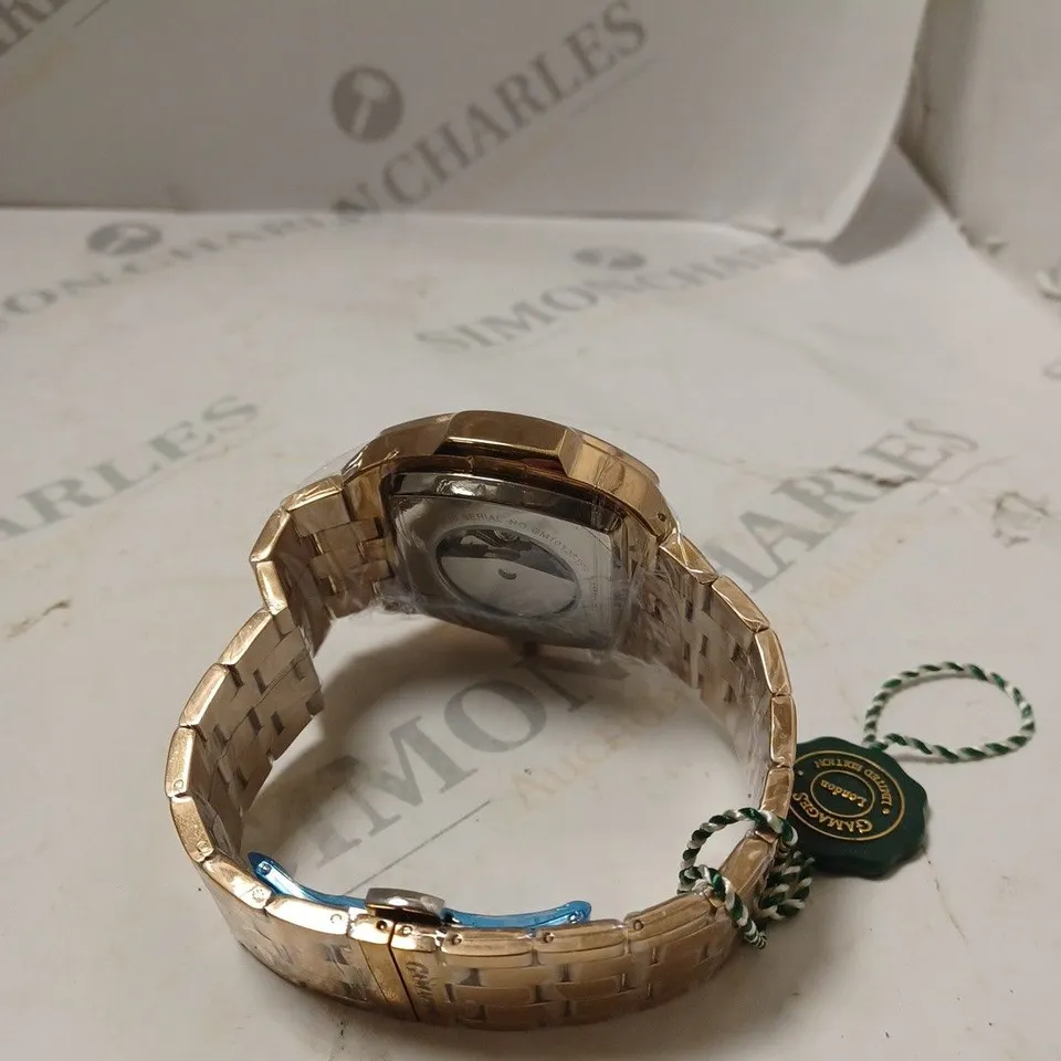 BOXED GAMAGES LONDON MAGNITUDE ROSE GOLD BLUE DIAL STAINLESS STEEL CHAIN LINK STRAP WATCH 