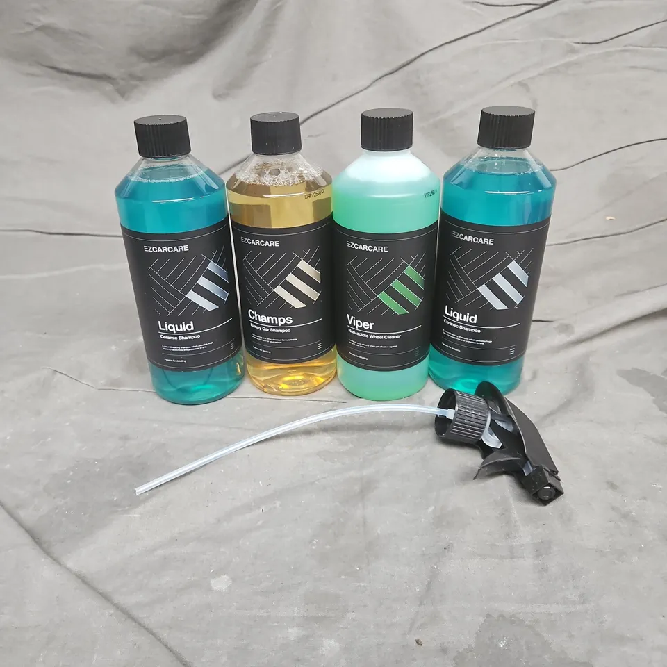 EZCARECARE APPROX 4 ASSORTED CAR CLEANING PRODUCTS TIO INCLUDE - LIQUID CERAMIC SHAMPOO - VIPER NON-ACIDIC WHEEL CLEANER - CHAMPS LUXURY CAR SHAMPOO - COLLECTION ONLY