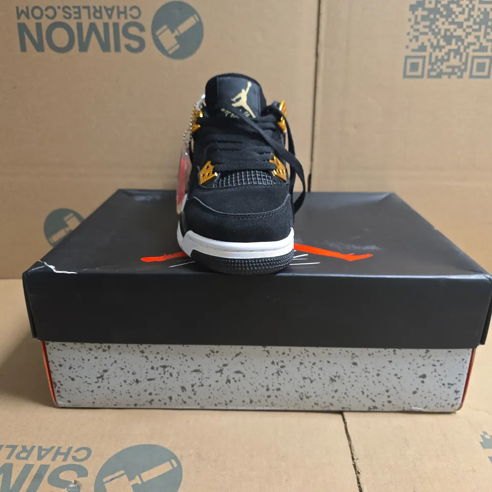 BOXED PAIR OF NIKE WOMEN'S AIR JORDAN 4 RETRO SHOES IN BLACK/METALLIC GOLD SIZE UK 4.5