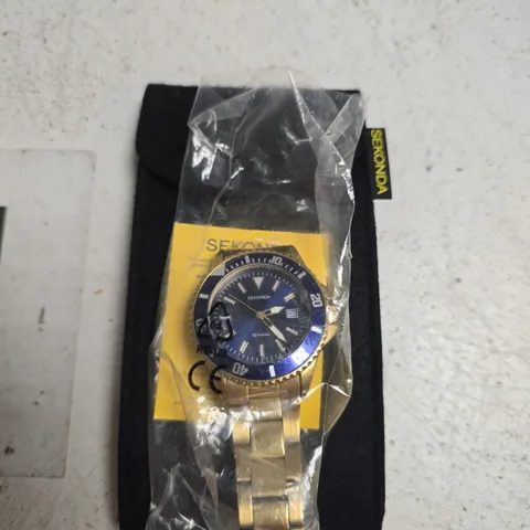 SEKONDA WRISTWATCH β GOLD-TONE BRACELET, BLUE BEZEL, DATE, 50M WATER RESISTANT