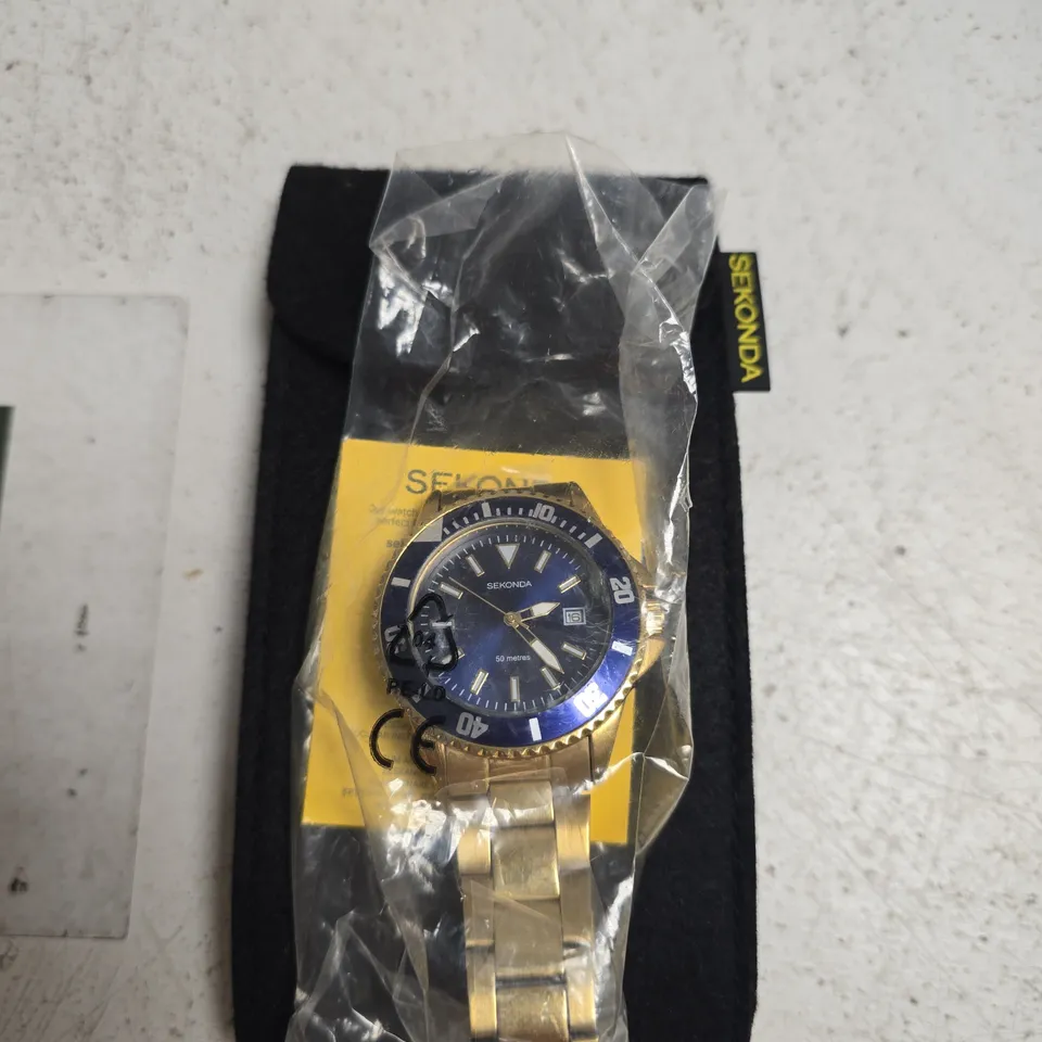 SEKONDA WRISTWATCH – GOLD-TONE BRACELET, BLUE BEZEL, DATE, 50M WATER RESISTANT