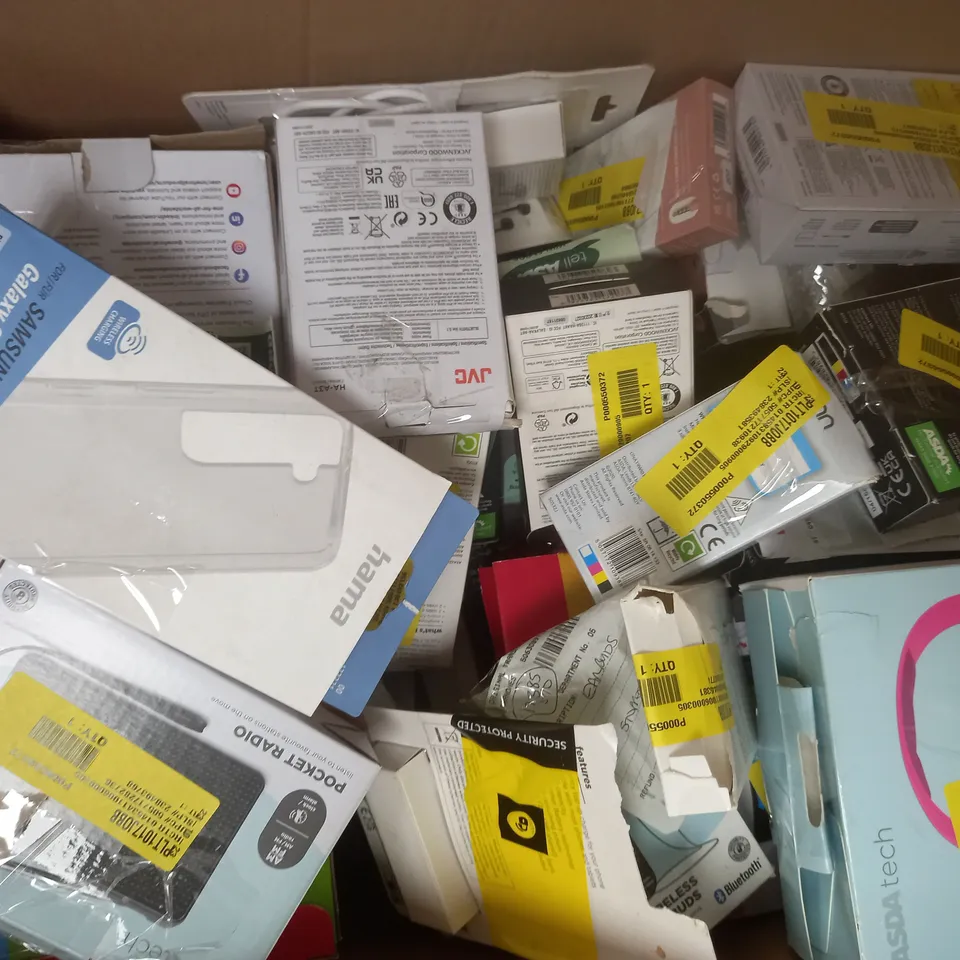 BOX OF APPROXIMATELY 20 ASSORTED ELECTRICAL ITEMS TO INCLUDE ONE FOR ALL UNIVERSAL WALL MOUNT 13-40", BIG BUTTON LANDLINE PHONE, MIXX 0X1 ON EAR HEADPHONES, ETC