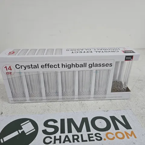 PACK OF 6 JUST ESSENTIALS CRYSTAL EFFECT HIGHBALL GLASSES – 14 OZ, BOXED