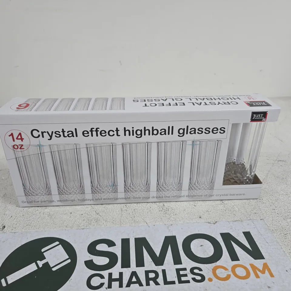 PACK OF 6 JUST ESSENTIALS CRYSTAL EFFECT HIGHBALL GLASSES – 14 OZ, BOXED