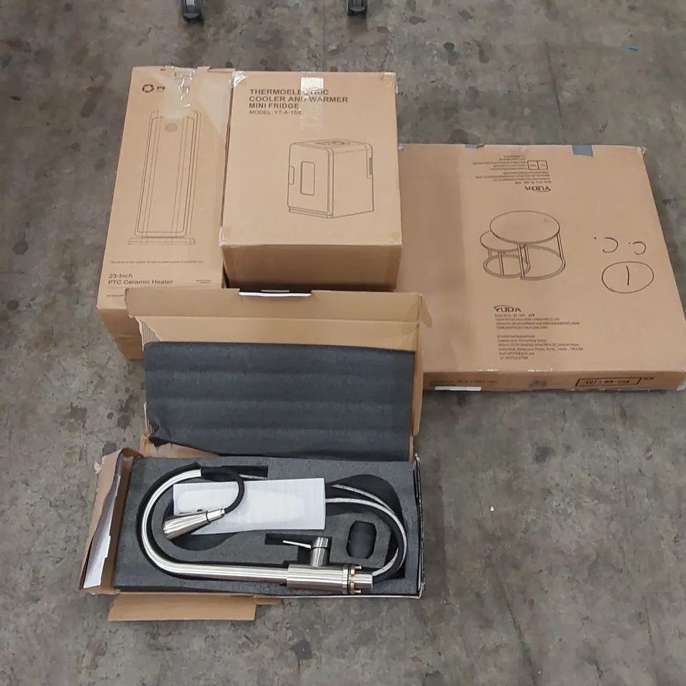 PALLET OF ASSORTED HOUSEHOLD ITEMS AND CONSUMER PRODUCTS TO INCLUDE; KITCHEN FAUCET, CERAMIC HEATER, MINI FRIDGE, BOXED FURNITURE ETC