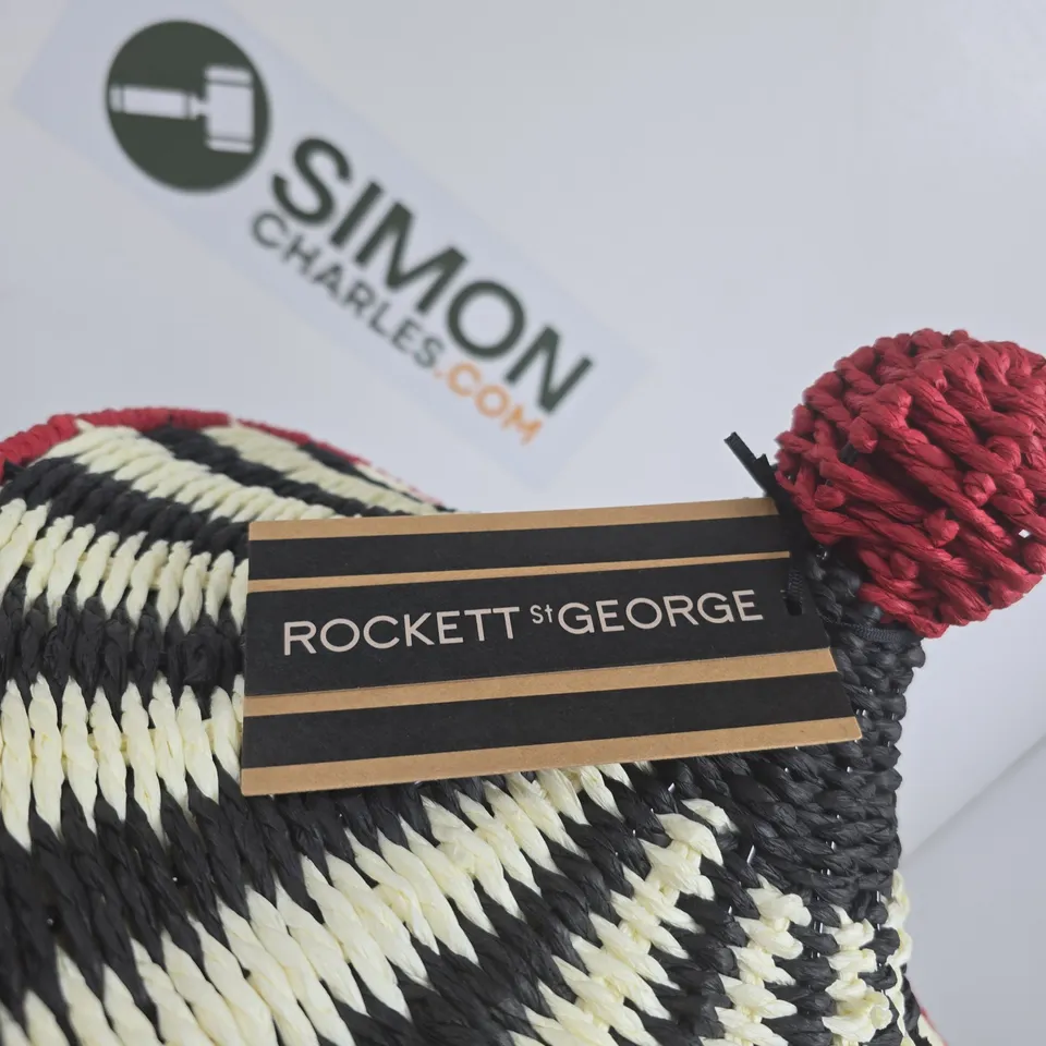 ROCKETT ST GEORGE DECORATIVE WOVEN BASKET (STRIPED BLACK/IVORY) WITH RED LID KNOB