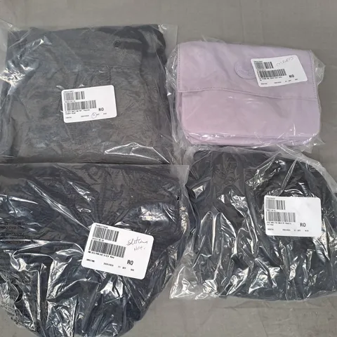 BOX OF APPROXIMATELY 15 ASSORTED CLOTHING AND FASHION ITEMS IN VARIOUS STYLES, SIZES, AND COLOURS TO INCLUDE RUTH LANGSFORD, KIM & CO, ETC
