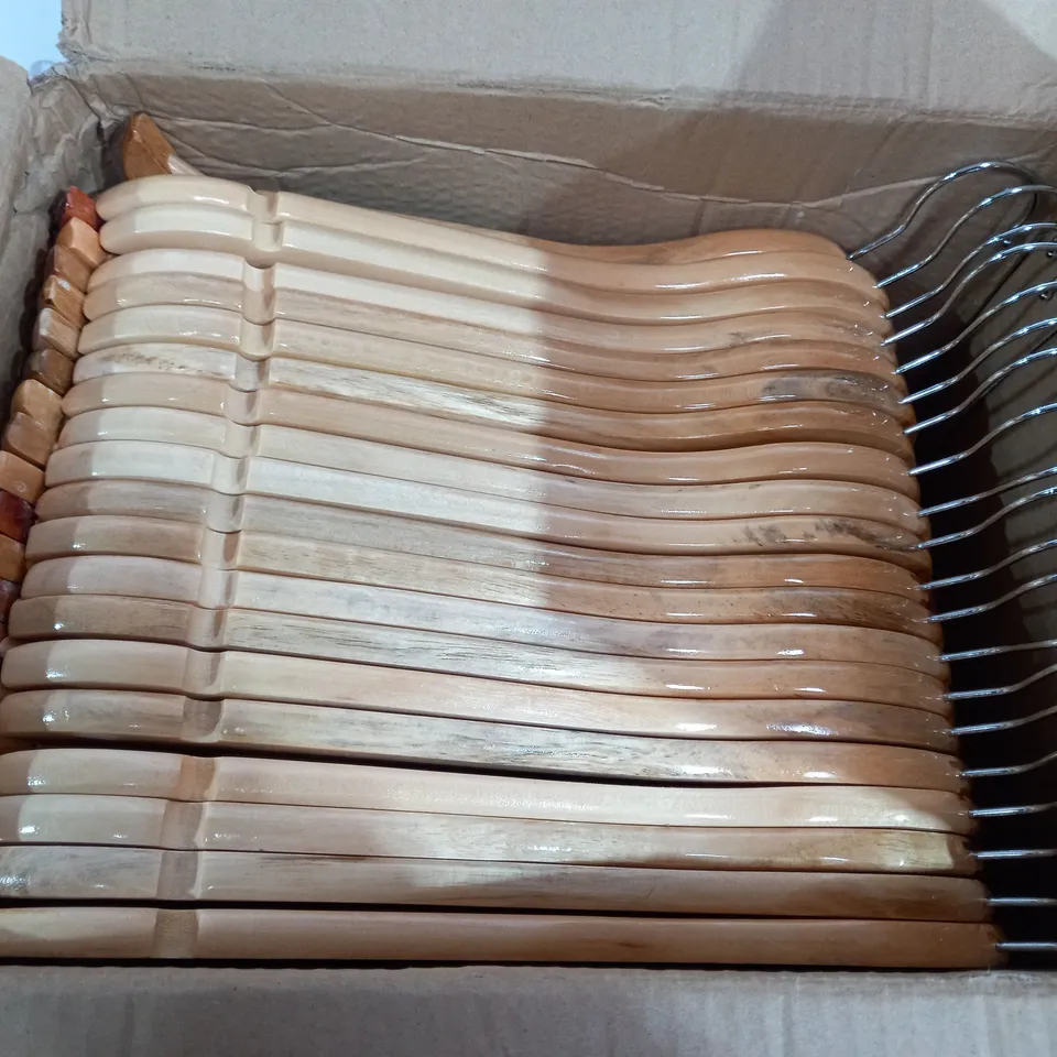 BOX OF APPROX. 40 ASSORTED WOODEN HANGERS 