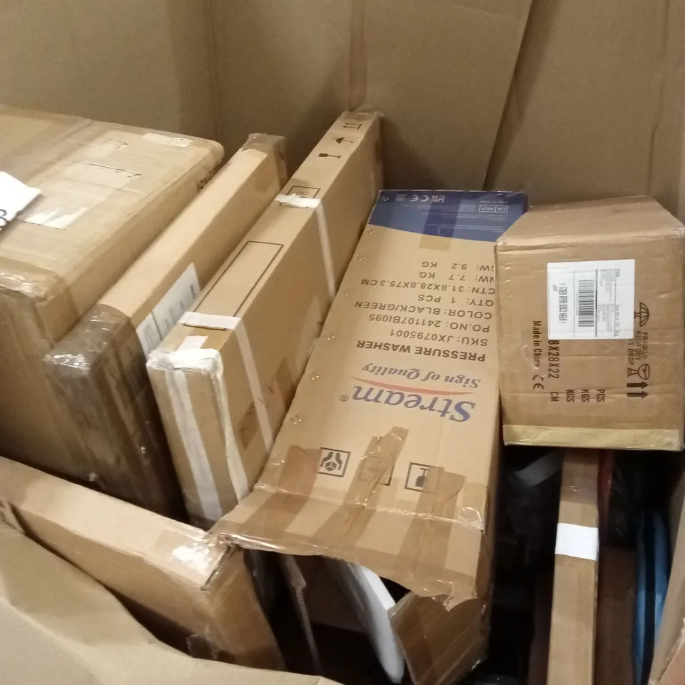 PALLET OF ASSORTED HOUSEHOLD GOODS & PRODUCTS TO INCLUDE; TOWER FAN, PIZZA PEELS, OFFICE CHAIR, PAPER SHREDDER ETC
