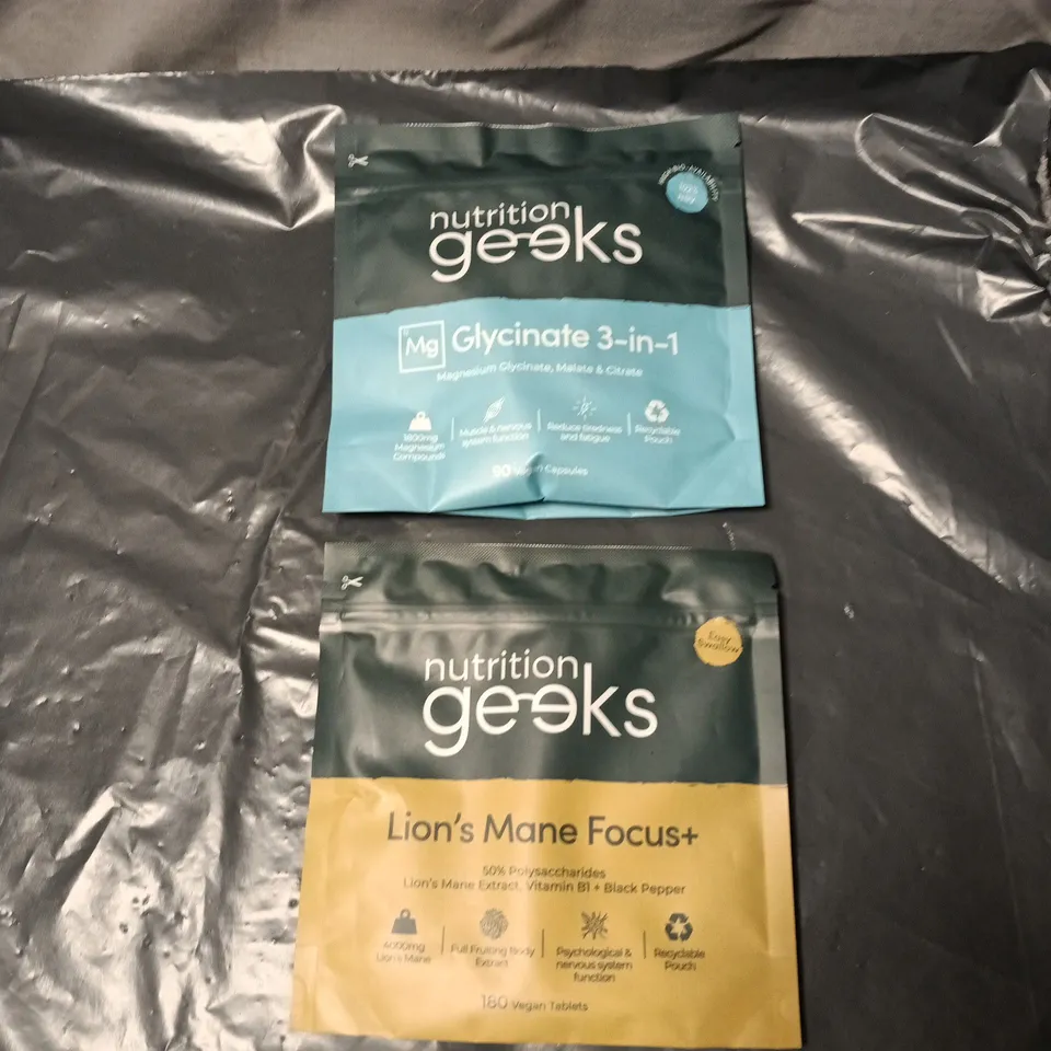 2 X NUTRITION GEEKS POUCHES. GLYCINATE 3 IN 1 90 CAPSULES AND LIONS MAN FOCUS+ 180 CAPSULES