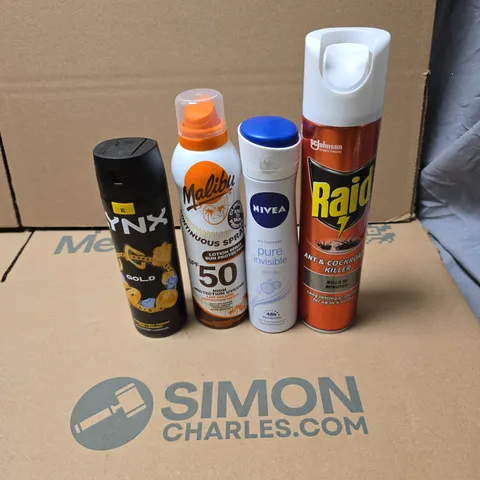 TOTE OF APPROXIMATELY 20 ASSORTED AEROSOL PRODUCTS TO INCLUDE LYNX GOLD, MALIBUN SPF 50, NIVEA, RAID KILLER ETC