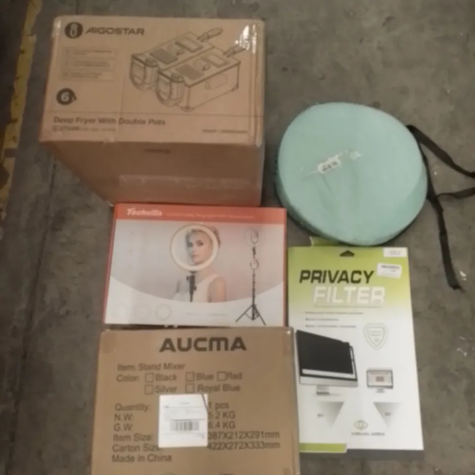 PALLET OF ASSORTED ITEMS INCLUDING DEEP FRYER WITH DOUBLE POTS, POP UP TENT, PRIVACY FILTER, 10" SELFIE RING LIGHT, STAND MIXER