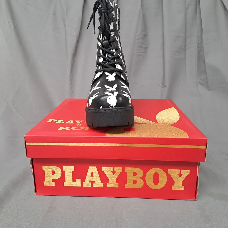 BOXED PAIR OF KOI PLAYBOY REPRISE WHITE SWITCH BOOTS UK SIZE 6
