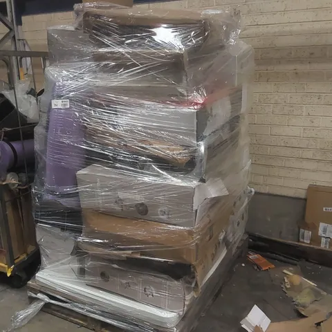 PALLET CONTAINING A LARGE QUANTITY OF ASSORTED HOUSEHOLD GOODS WHICH INCLUDE; PARASOL BASES, SUITCASES, FANS, MILK FROTHERS, HOOVERS ETC