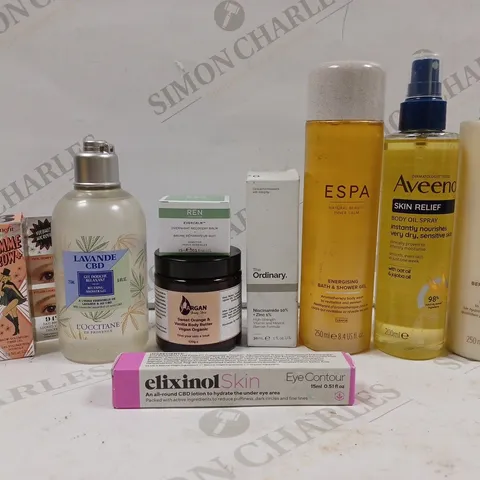 BOX OF APPROX 10 ASSORTED BEAUTY PRODUCTS TO INCLUDE L'OCCITANE LAVANDE CBD SHOWER GEL, ESPA SHOWER GEL, AVEENO BODY OIL SPRAY, ETC
