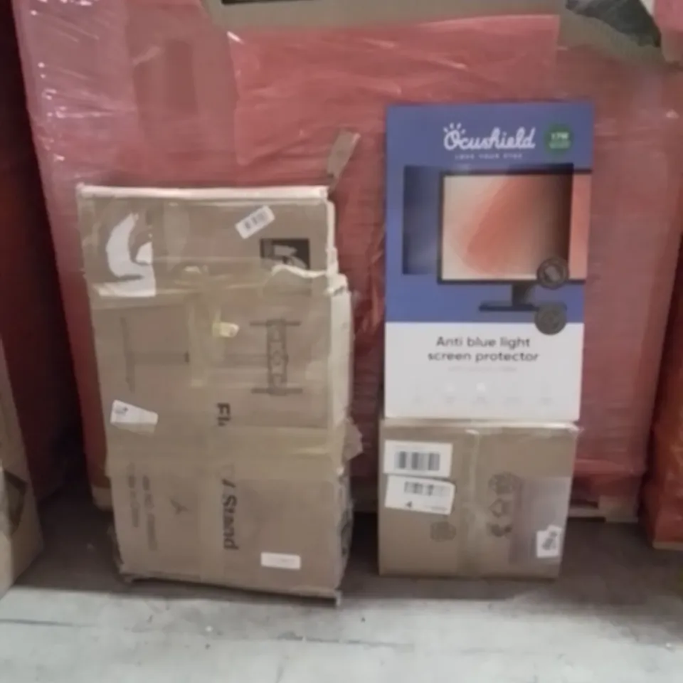 PALLET OF ASSORTED HOUSEHOLD GOODS AND PRODUCTS TO INCLUDE;TV STAND,CEILING FAN,ANTI BLUE LIGHT SCREEN PROTECTOR