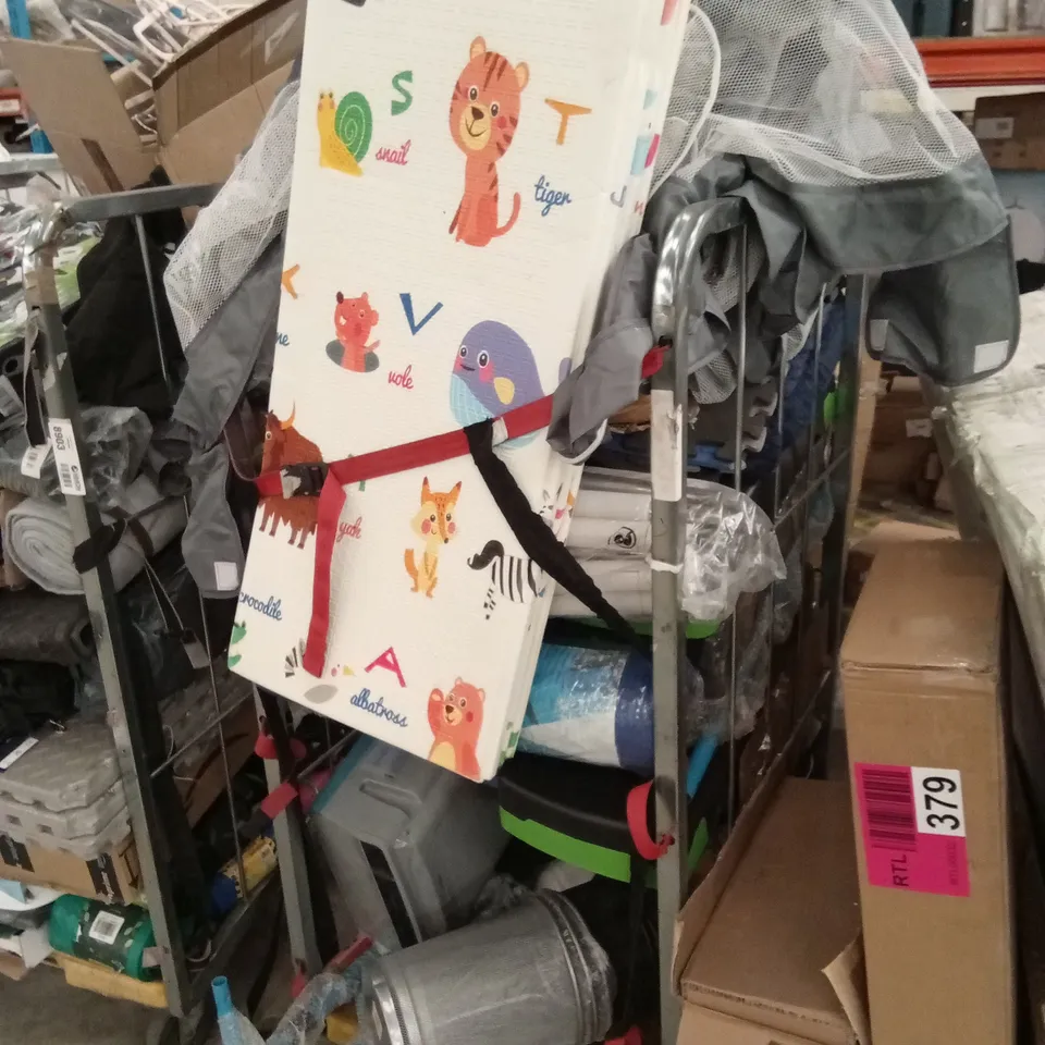 CAGE OF ASSORTED HOUSEHOLD GOODS AND PRODUCTS TO INCLUDE; YOGA MATS, BINS, EXERCISE FOAM MATS ETC - CAGE NOT INCLUDED