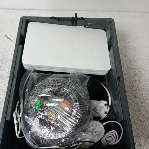 BOX CONTAINING A MIX OF APPROXIMATELY 15 ASSORTED ITEMS INCLUDING ROUTER, PLUGS, CABLES ETC. 